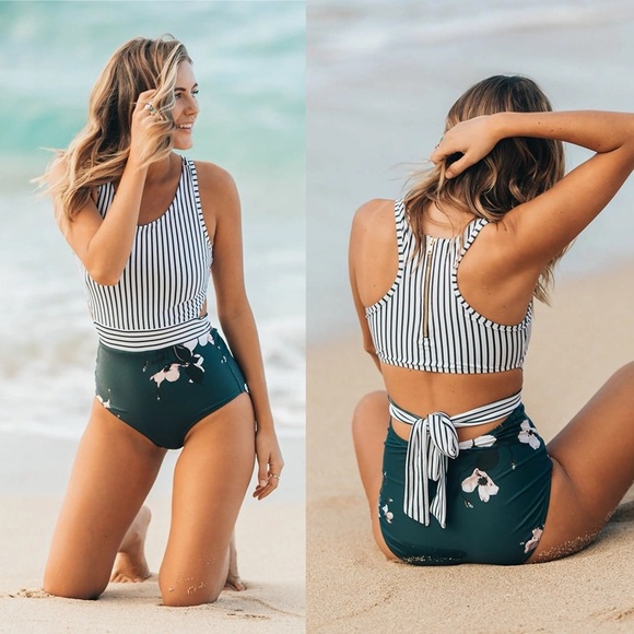 Albion Other - Albion Bon Voyage stripe floral one piece swimsuit size XL tie back zip closure